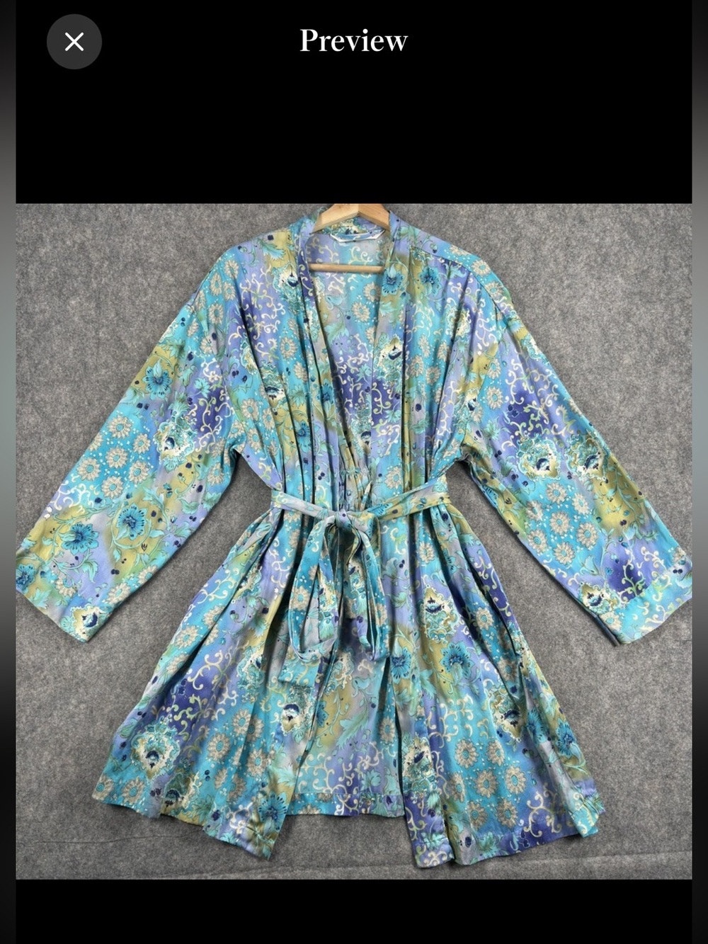 Vintage VC 100% Silk Blue Floral Tie-Waist Robe